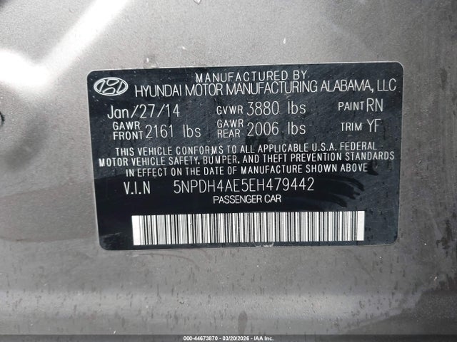 2014 Hyundai Elantra Se მანქანა იყიდება აუქციონზე, vin: 5NPDH4AE5EH479442, აუქციონის ნომერი: 44673870