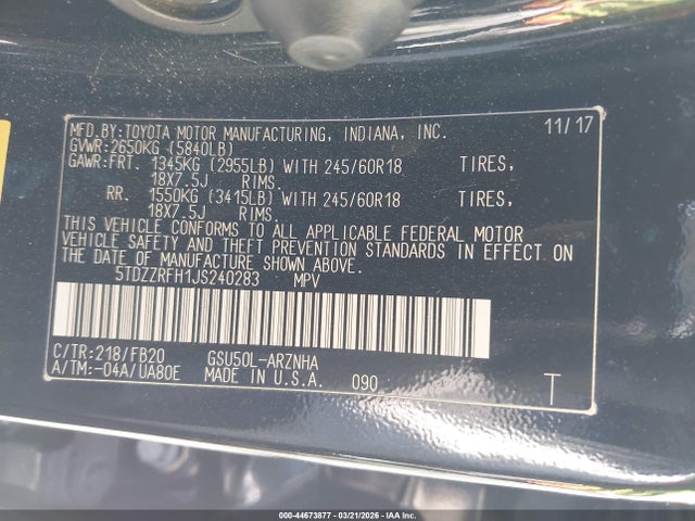 Продаж на аукціоні авто 2018 Toyota Highlander Le, vin: 5TDZZRFH1JS240283, номер лоту: 44673877