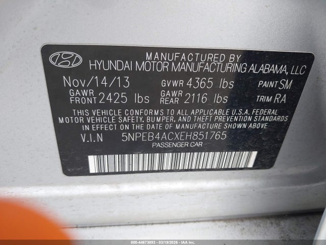 5NPEB4ACXEH851765 Hyundai SONATA GLS