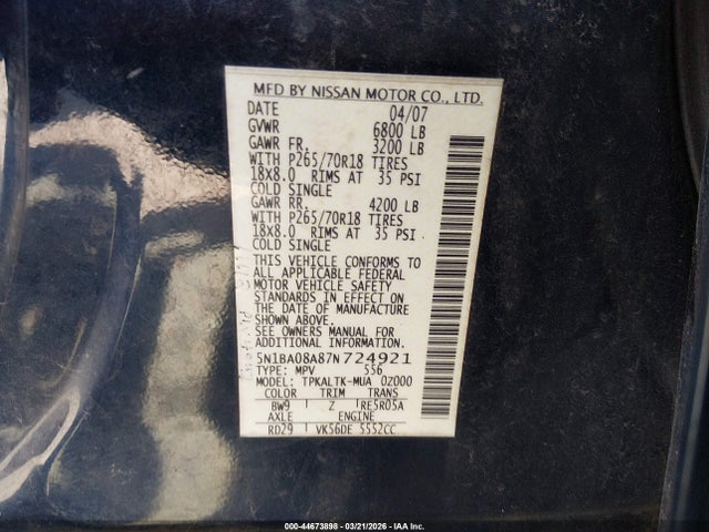 Продажа на аукционе авто 2007 Nissan Armada Se, vin: 5N1BA08A87N724921, номер лота: 44673898