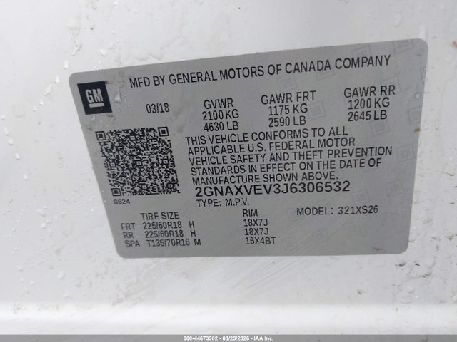 Продаж на аукціоні авто 2018 Chevrolet Equinox Premier, vin: 2GNAXVEV3J6306532, номер лоту: 44673902