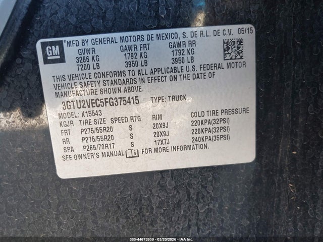Продажа на аукционе авто 2015 Gmc Sierra 1500 Slt, vin: 3GTU2VEC5FG375415, номер лота: 44673909