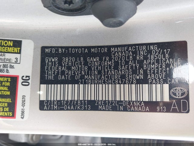 2017 Toyota Corolla Le მანქანა იყიდება აუქციონზე, vin: 2T1BURHE5HC847678, აუქციონის ნომერი: 44673919
