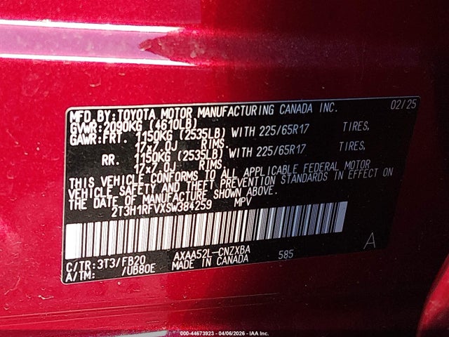 44673923 :رقم المزاد ، 2T3H1RFVXSW384259 vin ، 2025 Toyota Rav4 Le مزاد بيع