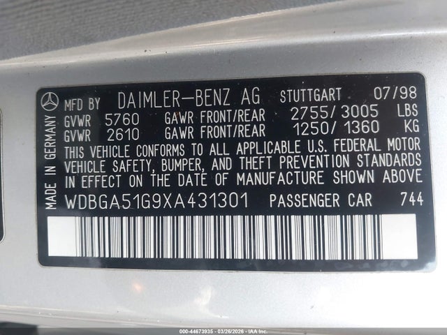 Aukcja sprzedaży 1999 Mercedes-benz S 500, vin: WDBGA51G9XA431301, numer aukcji: 44673935
