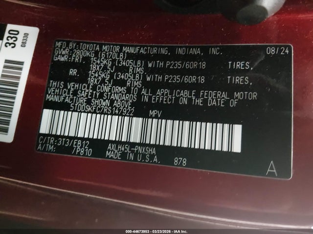 44673953 :رقم المزاد ، 5TDDSKFC7RS147922 vin ، 2024 Toyota Sienna Xse مزاد بيع