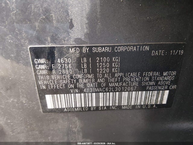 Продаж на аукціоні авто 2020 Subaru Legacy Premium, vin: 4S3BWAC62L3012067, номер лоту: 44673977
