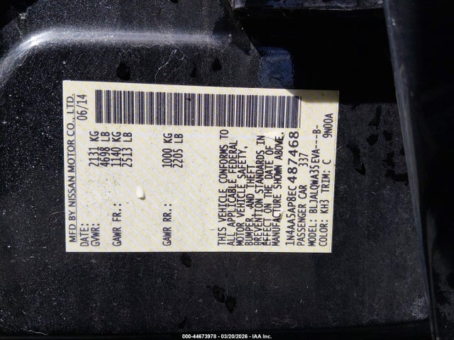 2014 Nissan Maxima 3.5 S მანქანა იყიდება აუქციონზე, vin: 1N4AA5AP8EC487468, აუქციონის ნომერი: 44673978