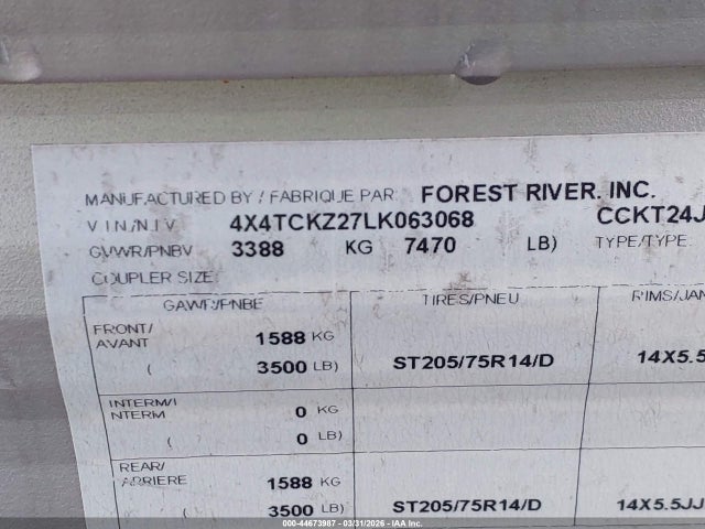 Продаж на аукціоні авто 2020 Forest River Grey Wolf Series M-2, vin: 4X4TCKZ27LK063068, номер лоту: 44673987