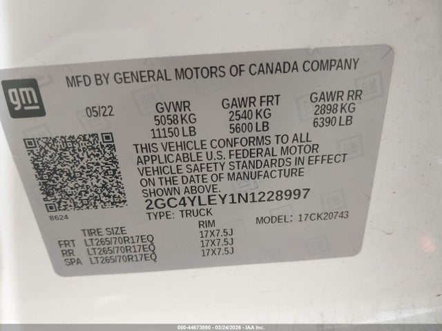 44673990 :رقم المزاد ، 2GC4YLEY1N1228997 vin ، 2022 Chevrolet Silverado 2500hd 4wd  Standard Bed Wt مزاد بيع