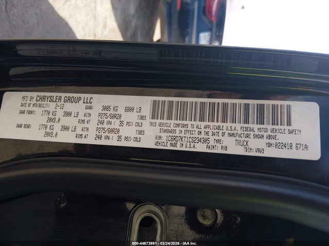 44673991 :رقم المزاد ، 1C6RD7KT1CS234305 vin ، 2012 Ram 1500 St مزاد بيع