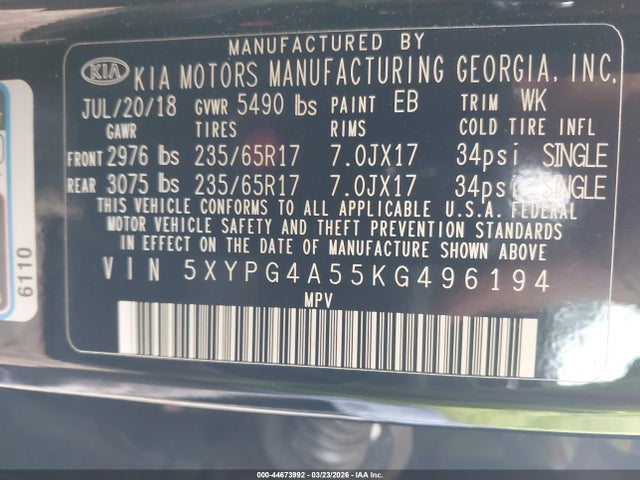 2019 KIA SORENTO 5XYPG4A55KG496194 Photo 8