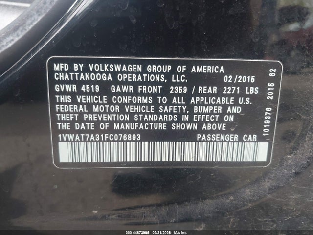 44673995 :رقم المزاد ، 1VWAT7A31FC076893 vin ، 2015 Volkswagen Passat 1.8t Limited Edition مزاد بيع