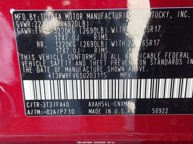 4T3RWRFV6SU203115 Toyota Rav4 Hybrid Xle