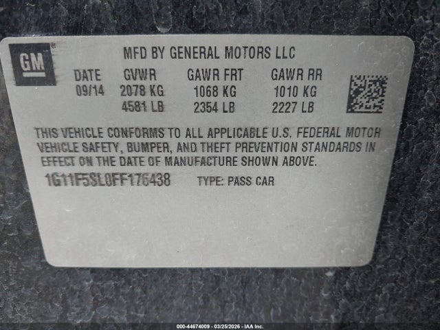 2015 Chevrolet Malibu 1lz მანქანა იყიდება აუქციონზე, vin: 1G11F5SL0FF176438, აუქციონის ნომერი: 44674009