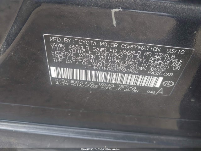 44674017 :رقم المزاد ، JTHBK1EG8A2384886 vin ، 2010 Lexus Es 350 مزاد بيع