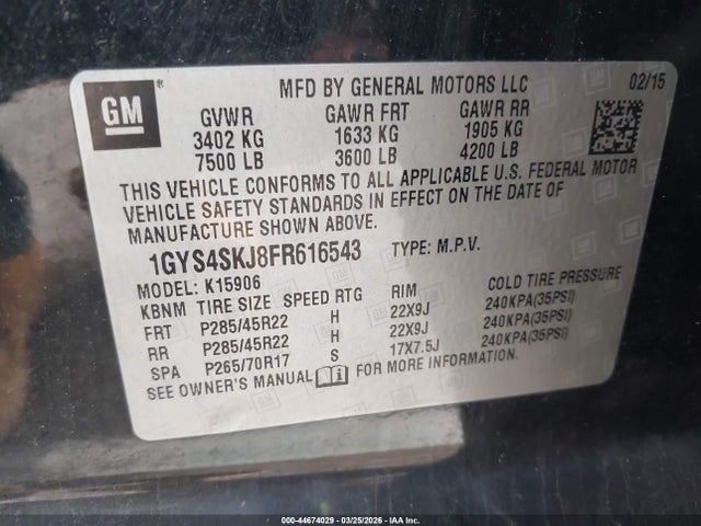 Продаж на аукціоні авто 2015 Cadillac Escalade Esv Luxury, vin: 1GYS4SKJ8FR616543, номер лоту: 44674029