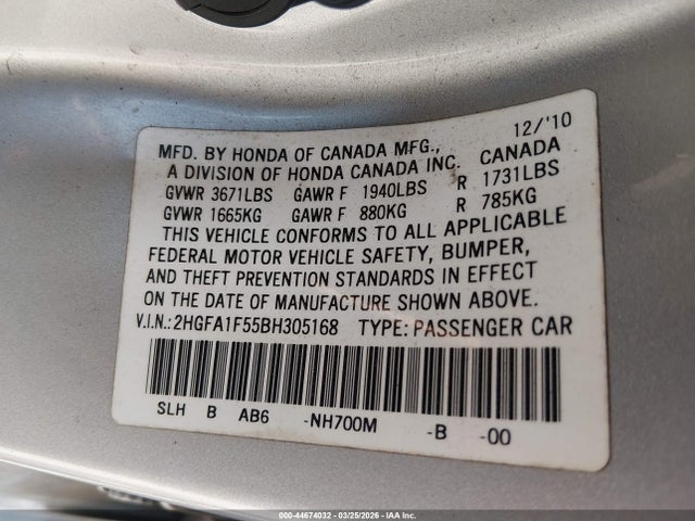 Aukcja sprzedaży 2011 Honda Civic Lx, vin: 2HGFA1F55BH305168, numer aukcji: 44674032