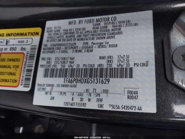 Ford FUSION SE 2016 1FA6P0HDXG5131629 Image 9