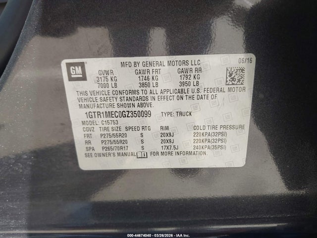 Продаж на аукціоні авто 2016 Gmc Sierra 1500 Sle, vin: 1GTR1MEC0GZ350099, номер лоту: 44674040