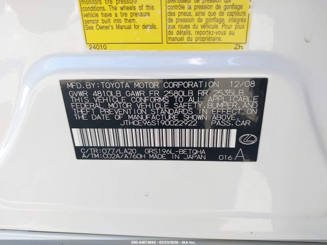 44674044 :رقم المزاد ، JTHCE96S190022922 vin ، 2009 Lexus Gs 350 مزاد بيع