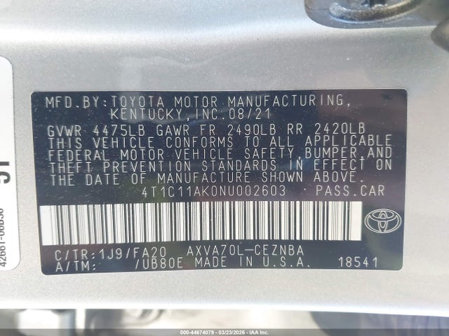 Toyota CAMRY LE 2022 4T1C11AK0NU002603 Image 9