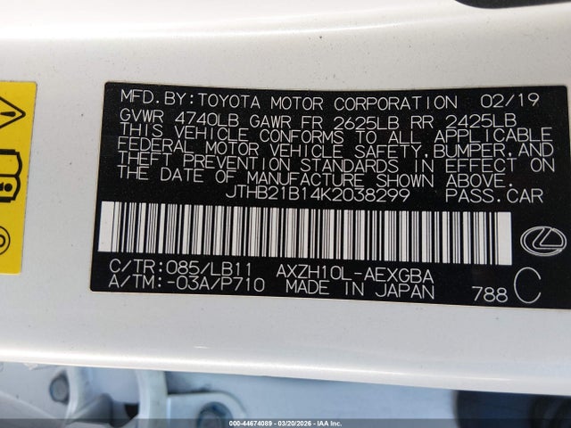 Продажа на аукционе авто 2019 Lexus Es 300h Luxury, vin: JTHB21B14K2038299, номер лота: 44674089