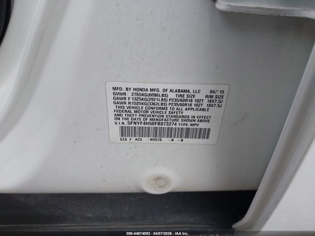 Honda Pilot Ex-l 2015 5FNYF4H50FB073274 Image 9