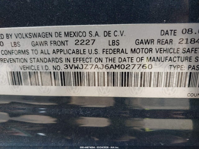 Aukcja sprzedaży 2010 Volkswagen Jetta S, vin: 3VWJZ7AJ6AM027760, numer aukcji: 44674094