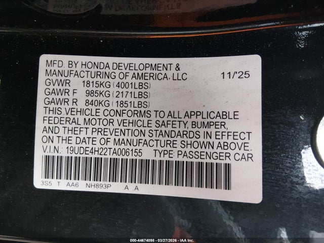 Продаж на аукціоні авто 2026 Acura Integra Fwd, vin: 19UDE4H22TA006155, номер лоту: 44674098