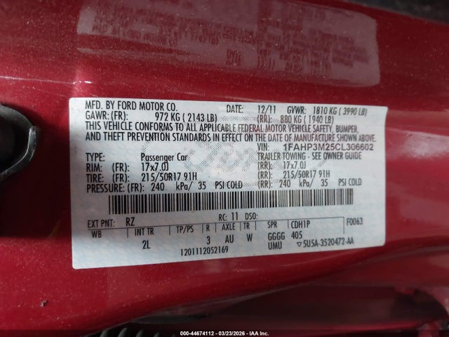 44674112 :رقم المزاد ، 1FAHP3M25CL306602 vin ، 2012 Ford Focus Sel مزاد بيع