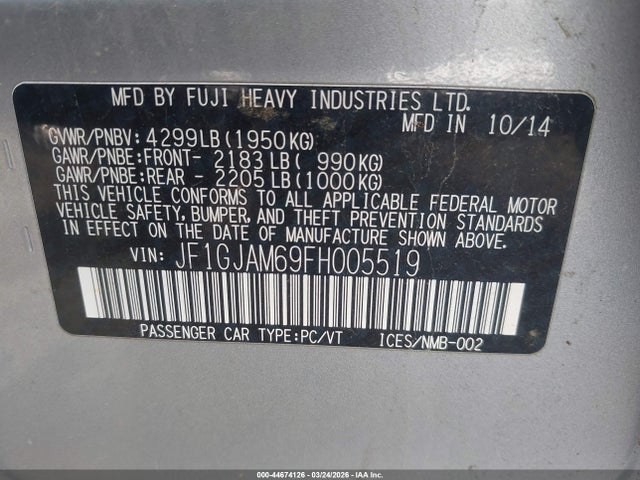 Продажа на аукционе авто 2015 Subaru Impreza 2.0i Limited, vin: JF1GJAM69FH005519, номер лота: 44674126