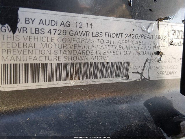 44674143 :رقم المزاد ، WAUEFAFL6CN018003 vin ، 2012 Audi A4 2.0t Premium مزاد بيع