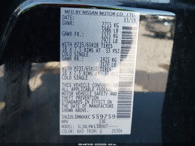 Aukcja sprzedaży 2019 Infiniti Qx60 Pure, vin: 5N1DL0MNXKC559759, numer aukcji: 44674160