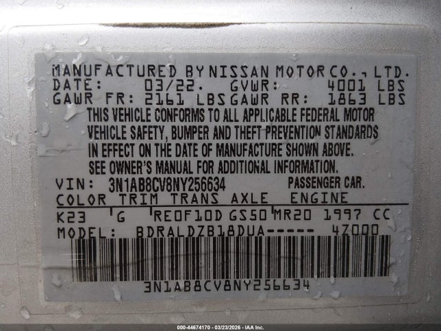 2022 Nissan Sentra Sv Xtronic Cvt მანქანა იყიდება აუქციონზე, vin: 3N1AB8CV8NY256634, აუქციონის ნომერი: 44674170