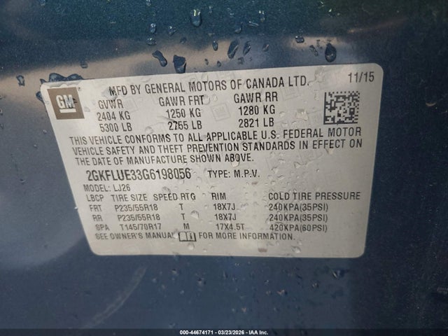 Aukcja sprzedaży 2016 Gmc Terrain Slt, vin: 2GKFLUE33G6198056, numer aukcji: 44674171