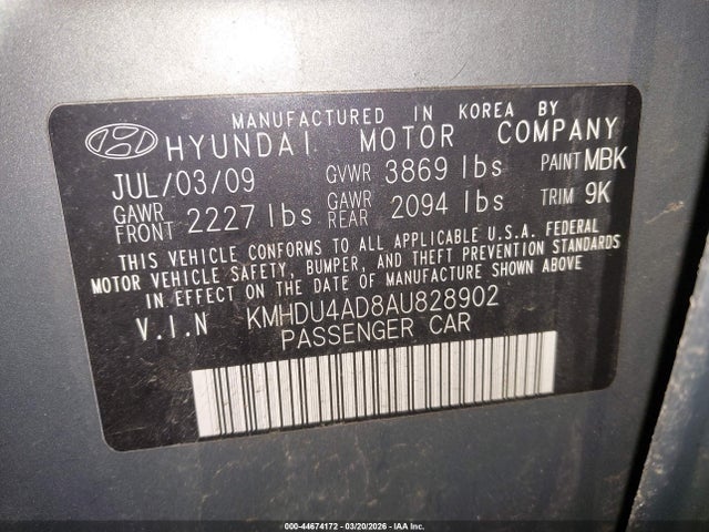 2010 Hyundai Elantra Gls მანქანა იყიდება აუქციონზე, vin: KMHDU4AD8AU828902, აუქციონის ნომერი: 44674172