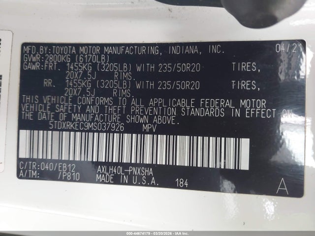 5TDXRKEC9MS037926 Toyota Sienna Xse