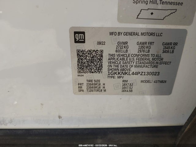 44674182 :رقم المزاد ، 1GKKNKL44PZ130023 vin ، 2023 Gmc Acadia Fwd Sle مزاد بيع