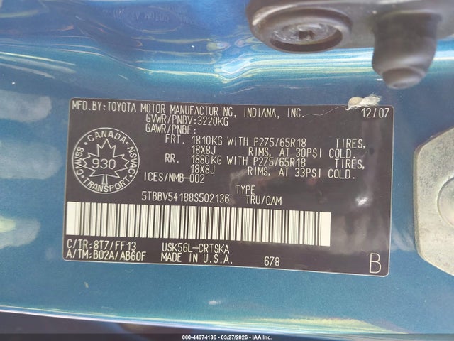 Aukcja sprzedaży 2008 Toyota Tundra Sr5 5.7l V8, vin: 5TBBV54188S502136, numer aukcji: 44674196