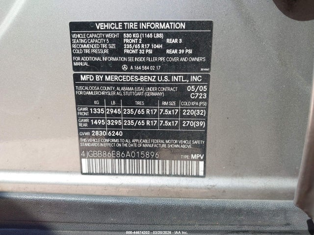 2006 Mercedes-benz Ml 350 4matic მანქანა იყიდება აუქციონზე, vin: 4JGBB86E86A015896, აუქციონის ნომერი: 44674202
