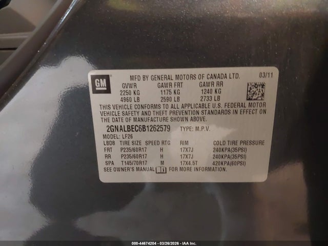 44674204 :رقم المزاد ، 2GNALBEC6B1262579 vin ، 2011 Chevrolet Equinox Ls مزاد بيع