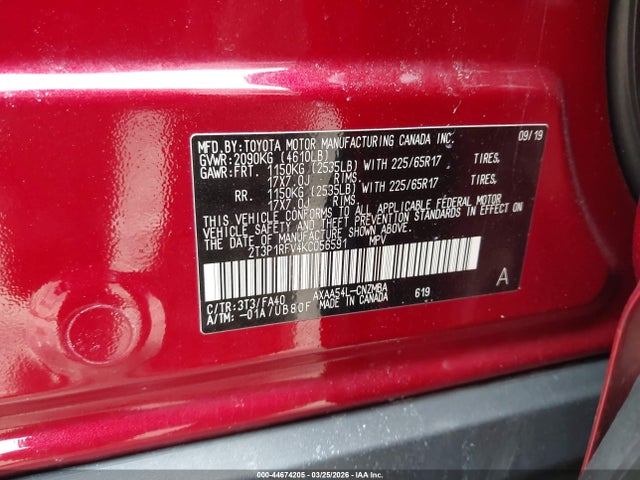 Продаж на аукціоні авто 2019 Toyota Rav4 Xle, vin: 2T3P1RFV4KC056591, номер лоту: 44674205