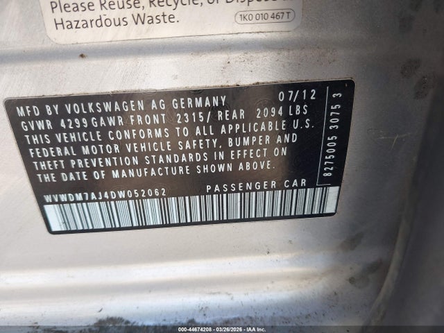 44674208 :رقم المزاد ، WVWDM7AJ4DW052062 vin ، 2013 Volkswagen Golf 2.0l Tdi 4-door مزاد بيع