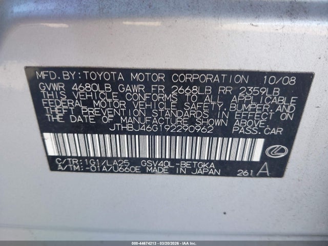44674213 :رقم المزاد ، JTHBJ46G192290962 vin ، 2009 Lexus Es 350 مزاد بيع
