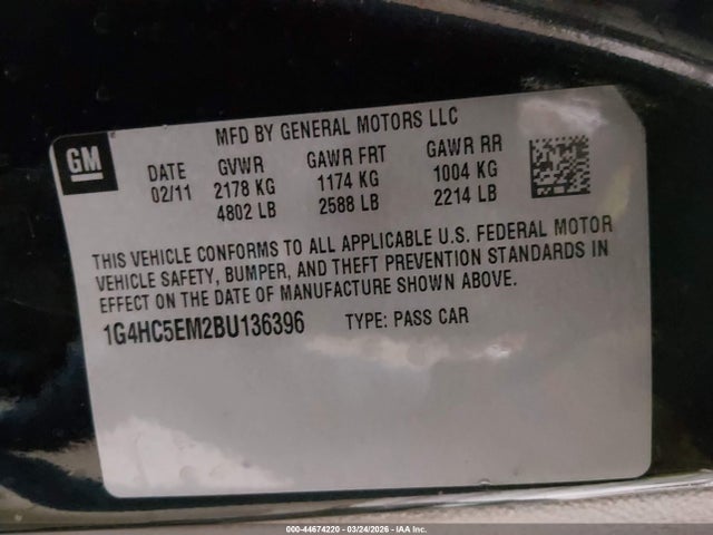 44674220 :رقم المزاد ، 1G4HC5EM2BU136396 vin ، 2011 Buick Lucerne Cxl مزاد بيع