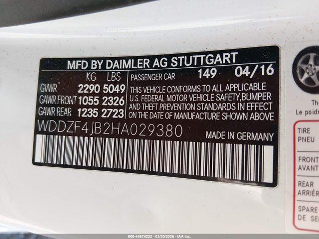 44674222 :رقم المزاد ، WDDZF4JB2HA029380 vin ، 2017 Mercedes-benz E 300 مزاد بيع