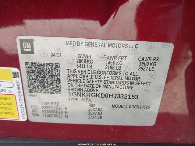 1GNKRGKD0HJ332153 Chevrolet Traverse 1lt
