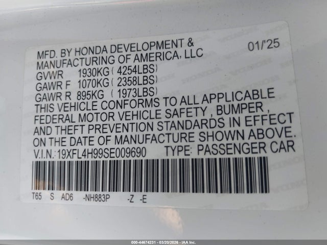 Aukcja sprzedaży 2025 Honda Civic Hybrid Sport Touring, vin: 19XFL4H99SE009690, numer aukcji: 44674231