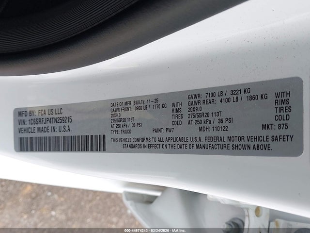 Продаж на аукціоні авто 2026 Ram 1500 Laramie  4x4 5'7 Box, vin: 1C6SRFJP4TN259215, номер лоту: 44674243
